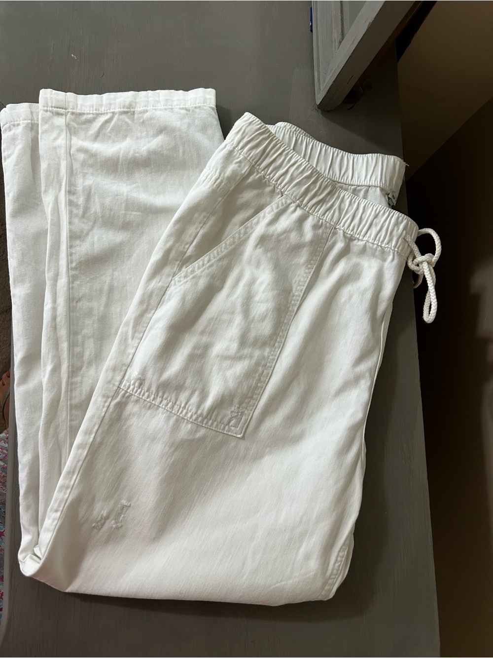 aerie White Straight-Leg Drawstring Pants with edgy raw edge tears in fabric